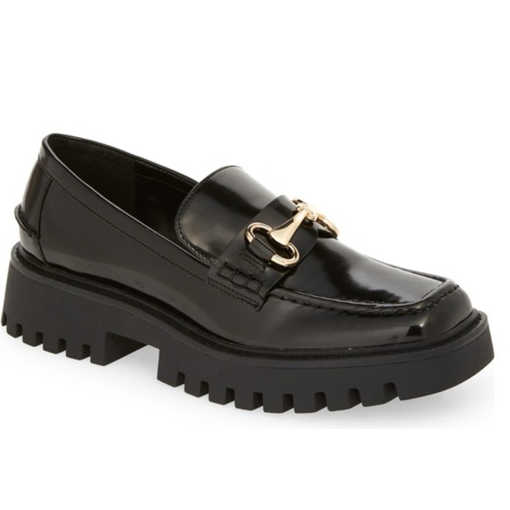 Black Patent Leather Lug Sole Loafer with Gold Buckle